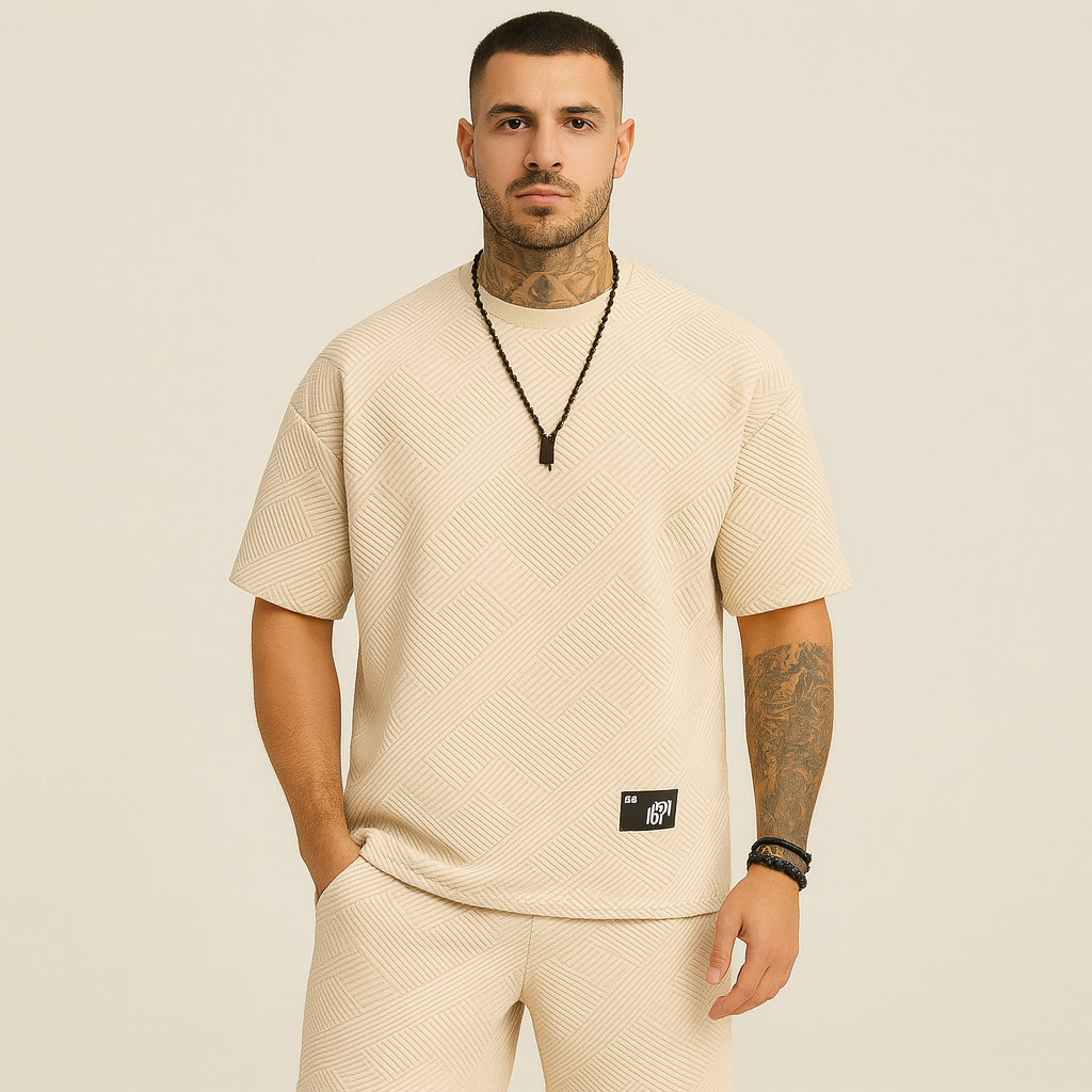 Men's 2-Piece Textured Set - Short Sleeve Crew Neck Top and Matching Jacquard Shorts