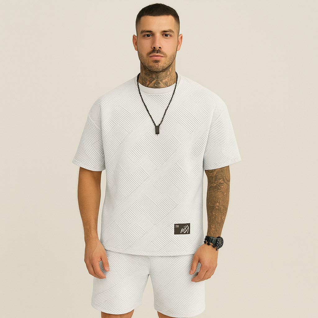 Men's 2-Piece Textured Set - Short Sleeve Crew Neck Top and Matching Jacquard Shorts