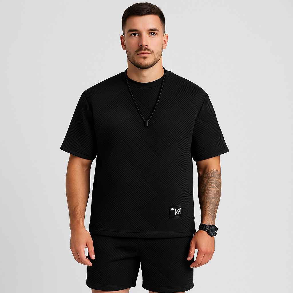 Men's 2-Piece Textured Set - Short Sleeve Crew Neck Top and Matching Jacquard Shorts