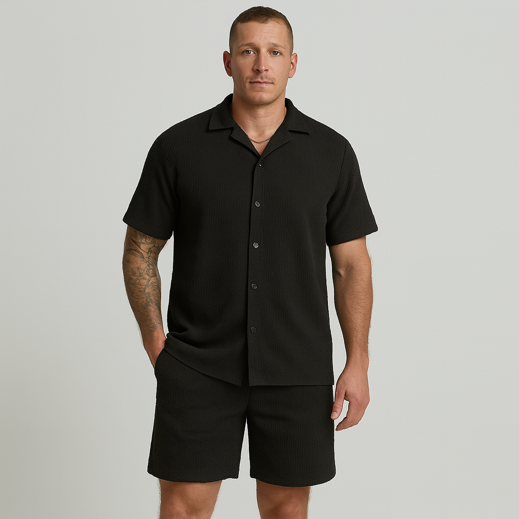 Men's Casual Set - Short Sleeve Collared Shirt and Textured Check Shorts