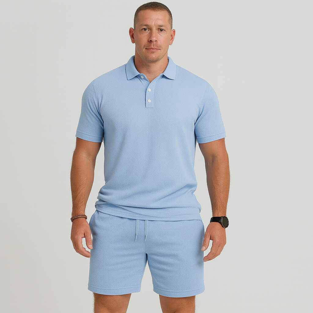 Men's Summer Casual Set - Lightweight Golf Top and Solid Shorts with Pockets