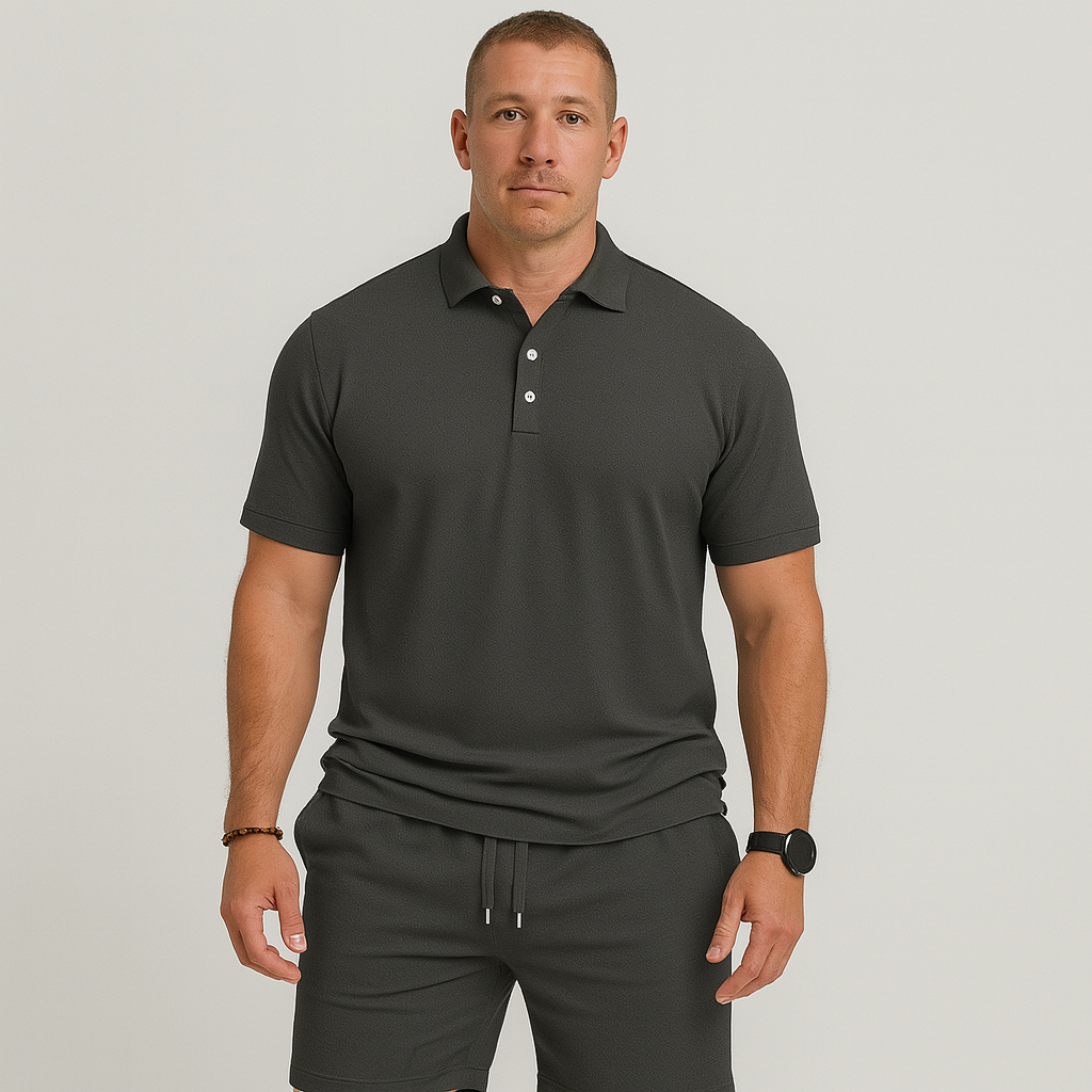 Men's Summer Casual Set - Lightweight Golf Top and Solid Shorts with Pockets