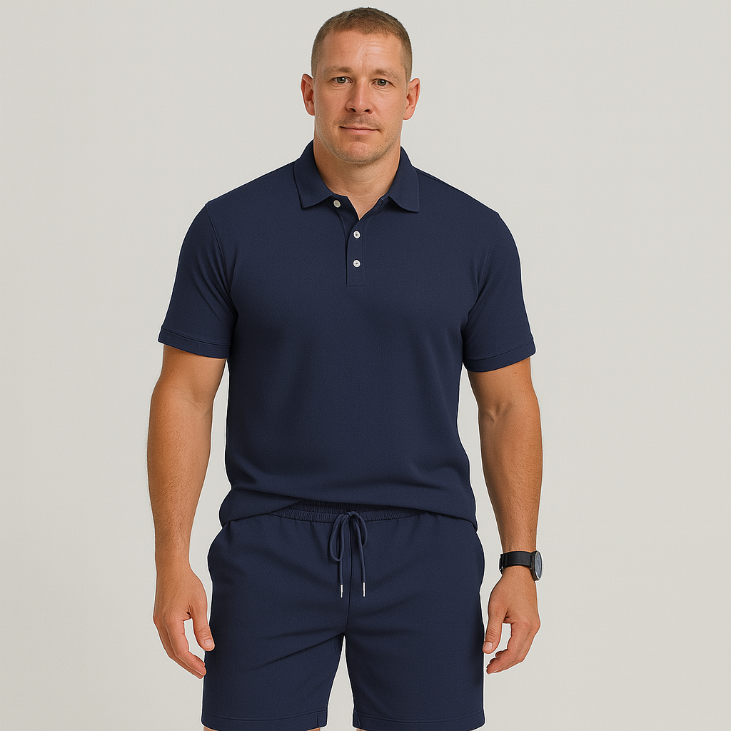 Men's Summer Casual Set - Lightweight Golf Top and Solid Shorts with Pockets