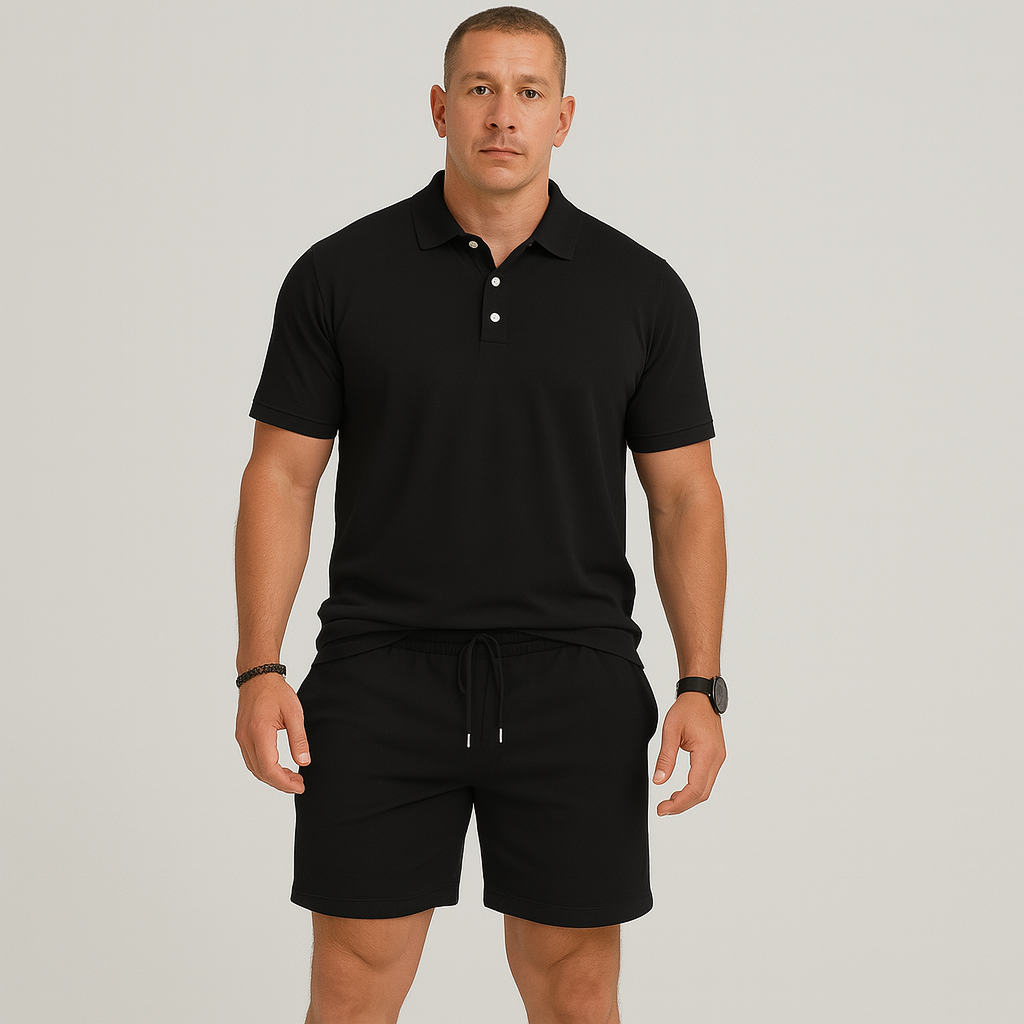 Men's Summer Casual Set - Lightweight Golf Top and Solid Shorts with Pockets