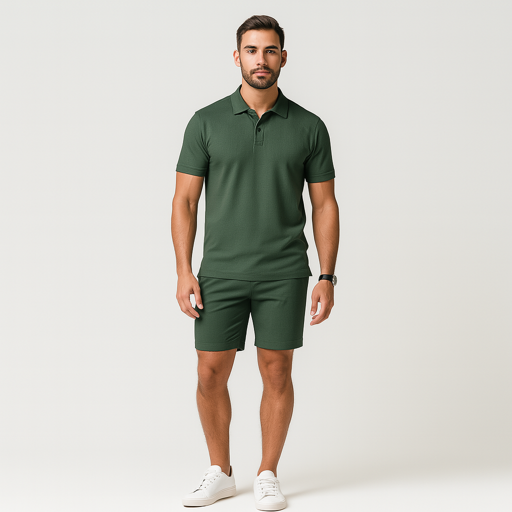 Men's 2-Piece Polo Shirt Set - Short Sleeve Collared Shirt and Drawstring Shorts (Dark Green)