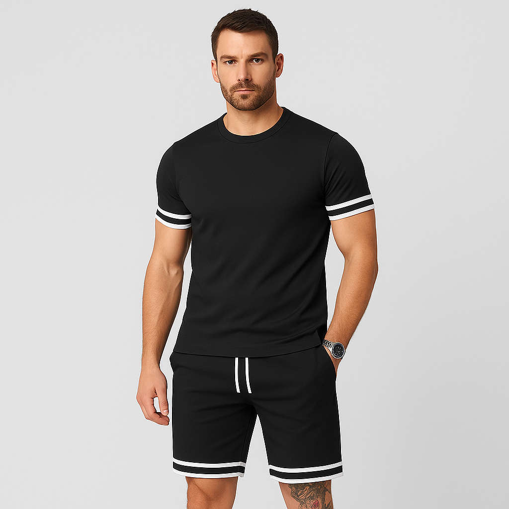 New Casual Men's 2-Piece Set - Short Sleeve Round Neck T-Shirt and Solid Drawstring Shorts