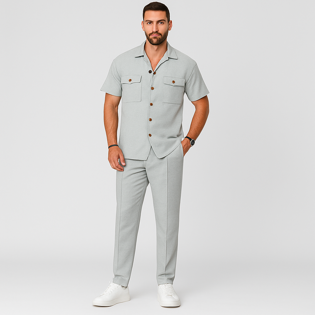 Men's 2-Piece Summer Set - Casual Beach Shirt with Double Pockets and Matching Long Pants