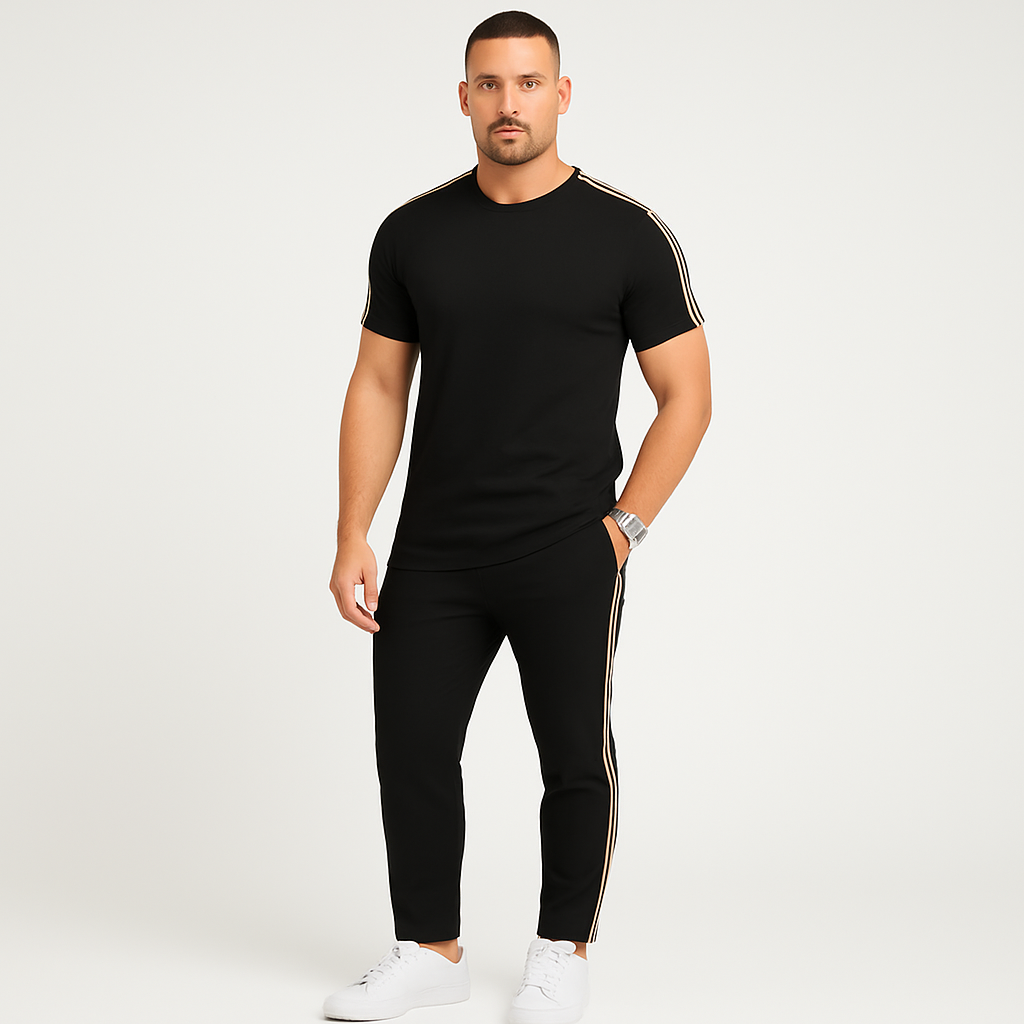 Men's Retro Streetwear Set - Loose Fit Side Stripe T-Shirt and Matching Pants