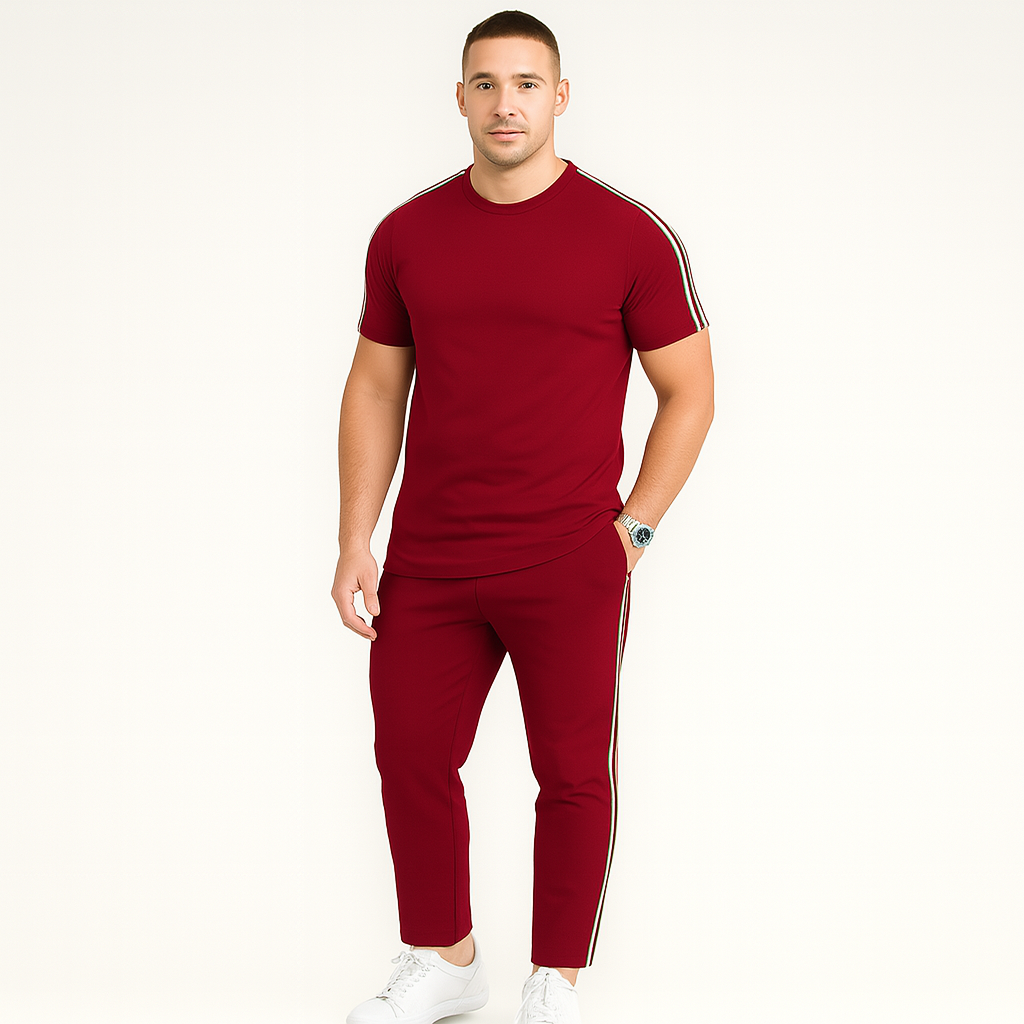 Men's Retro Streetwear Set - Loose Fit Side Stripe T-Shirt and Matching Pants