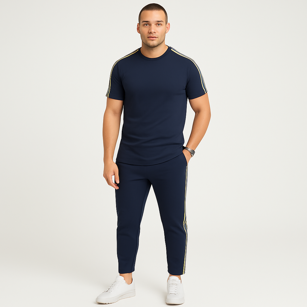 Men's Retro Streetwear Set - Loose Fit Side Stripe T-Shirt and Matching Pants