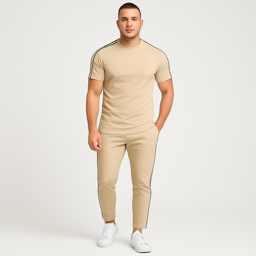 Men's Retro Streetwear Set - Loose Fit Side Stripe T-Shirt and Matching Pants