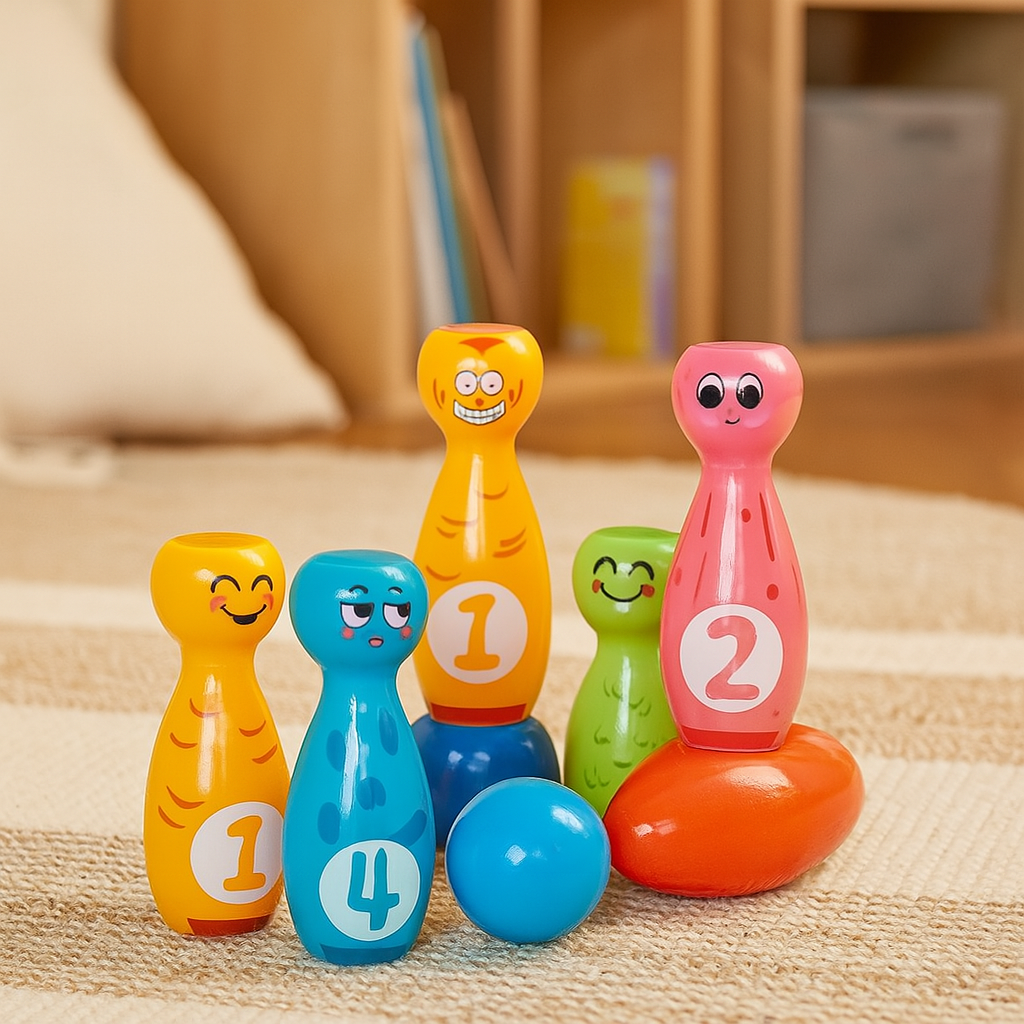 Cartoon Bowling Toy Set for Kids - Indoor/Outdoor Game with Colorful Skittles and Balls
