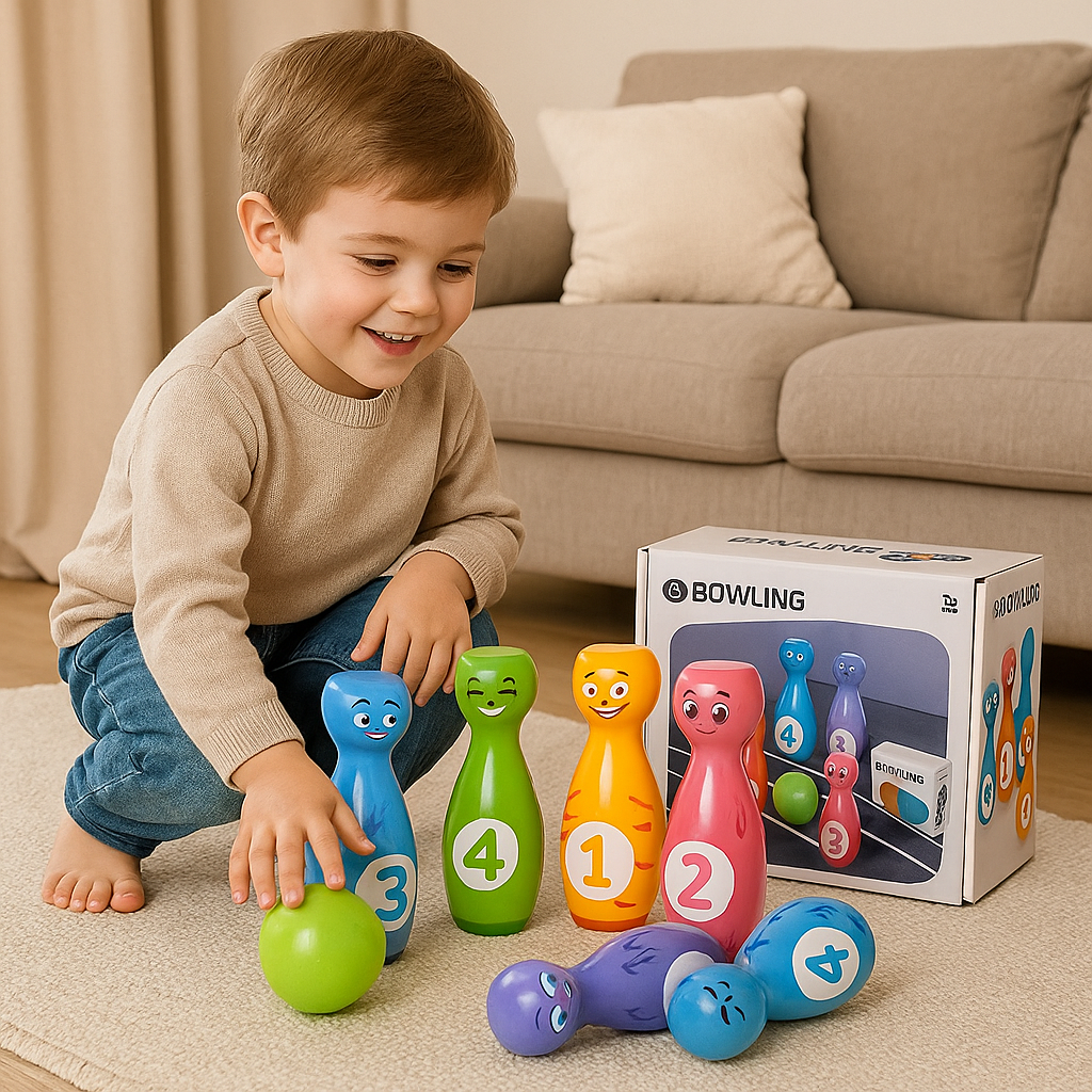 Cartoon Bowling Toy Set for Kids - Indoor/Outdoor Game with Colorful Skittles and Balls