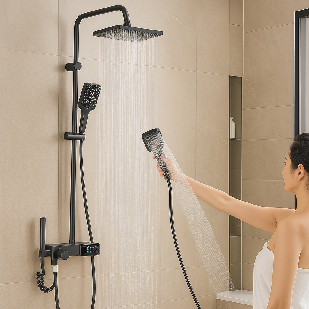 Modern grey shower set - bathtub and shower combination with rain shower head and brass controls