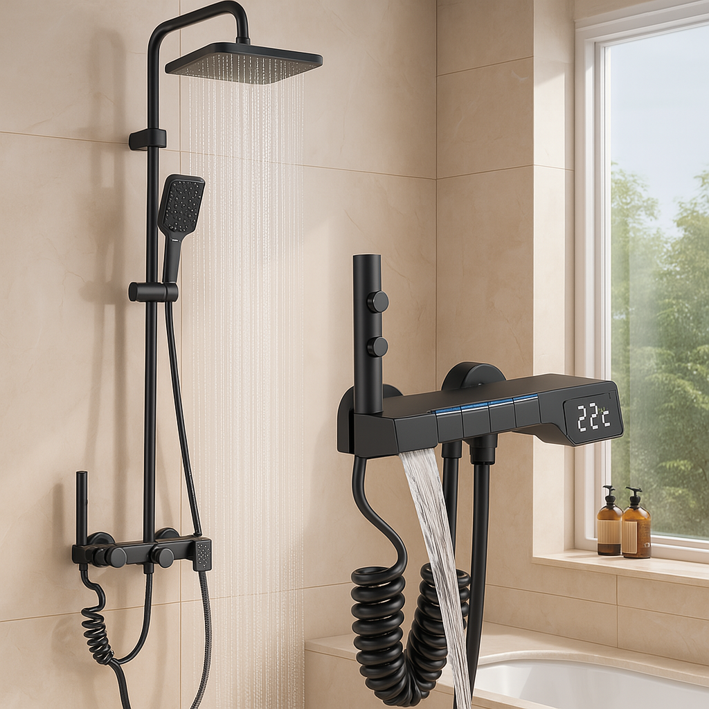 Modern grey shower set - bathtub and shower combination with rain shower head and brass controls