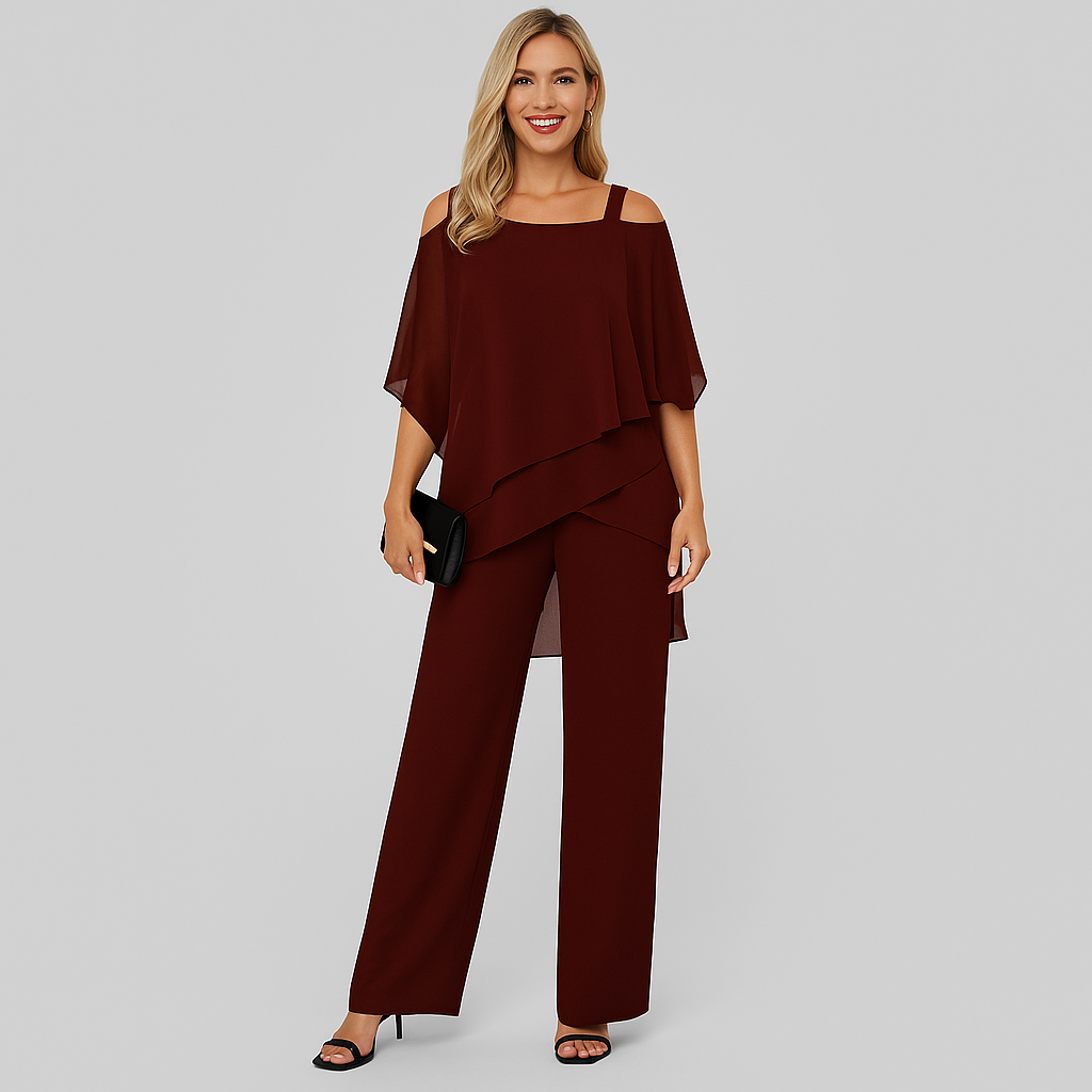 Women's Two-Piece Set - Elegant Jumpsuit with Off-the-Shoulder Blouse