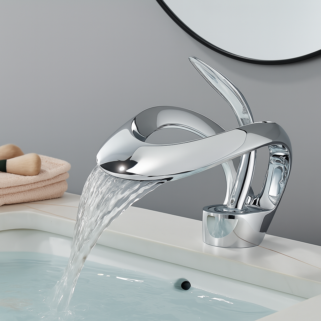 Modern Waterfall Bathroom Faucet - Sculptural Chrome Single Lever Basin Faucet