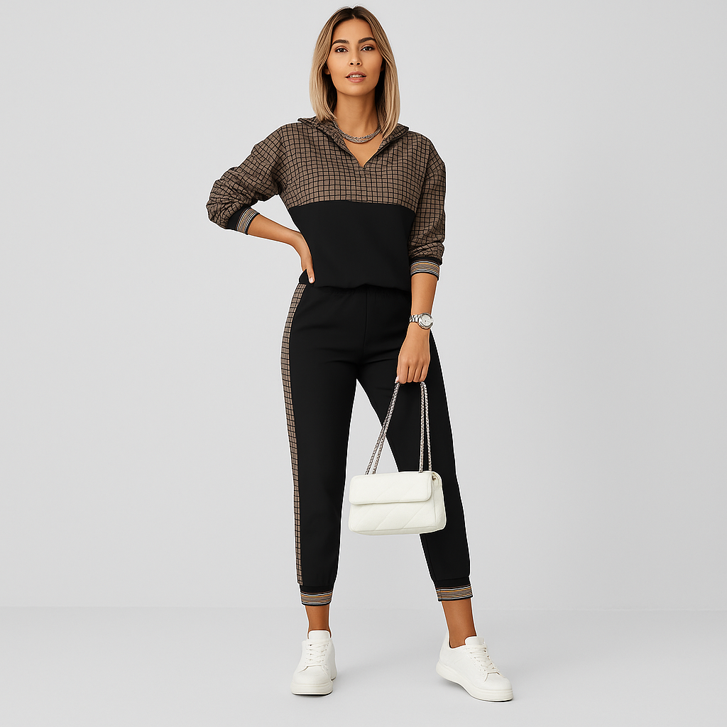 Chic Women's 2-Piece Tracksuit - Checked Zip-Up Top and Side-Striped Tapered Pants