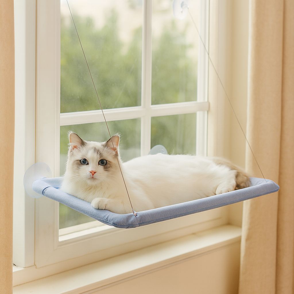 窓に取り付けられた居心地の良い猫用ハンモック