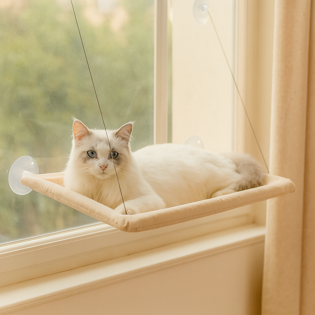 窓に取り付けられた居心地の良い猫用ハンモック