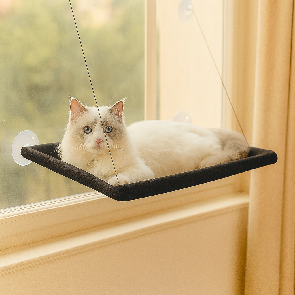 窓に取り付けられた居心地の良い猫用ハンモック