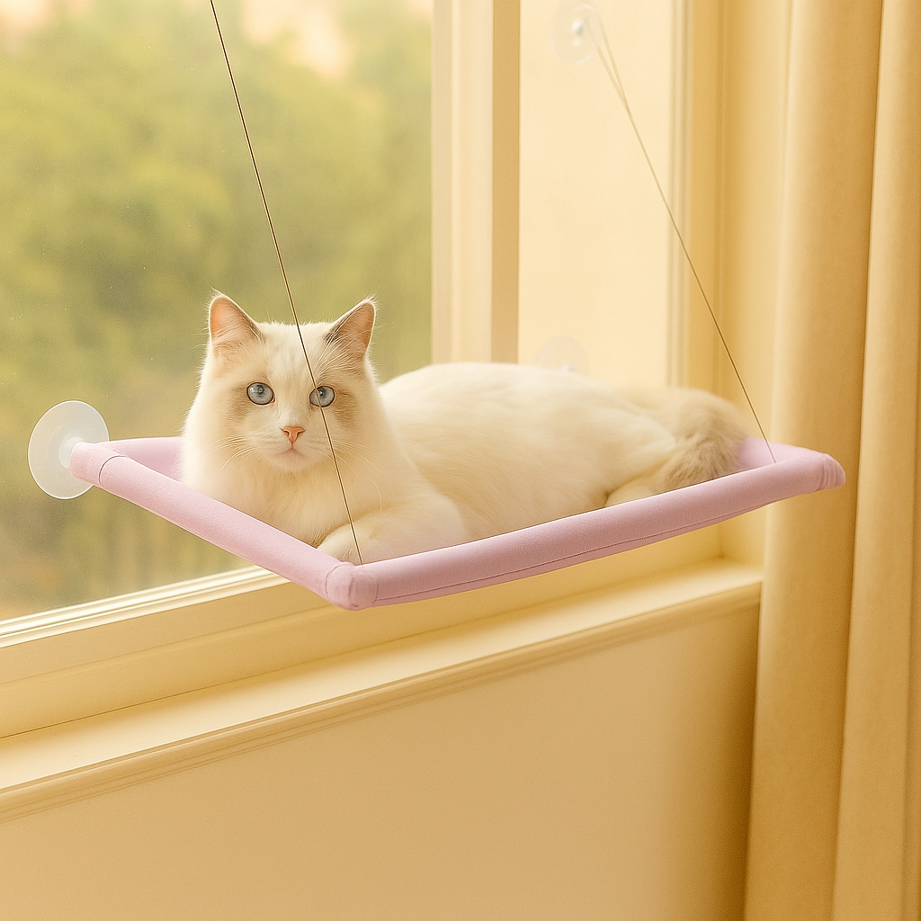 窓に取り付けられた居心地の良い猫用ハンモック