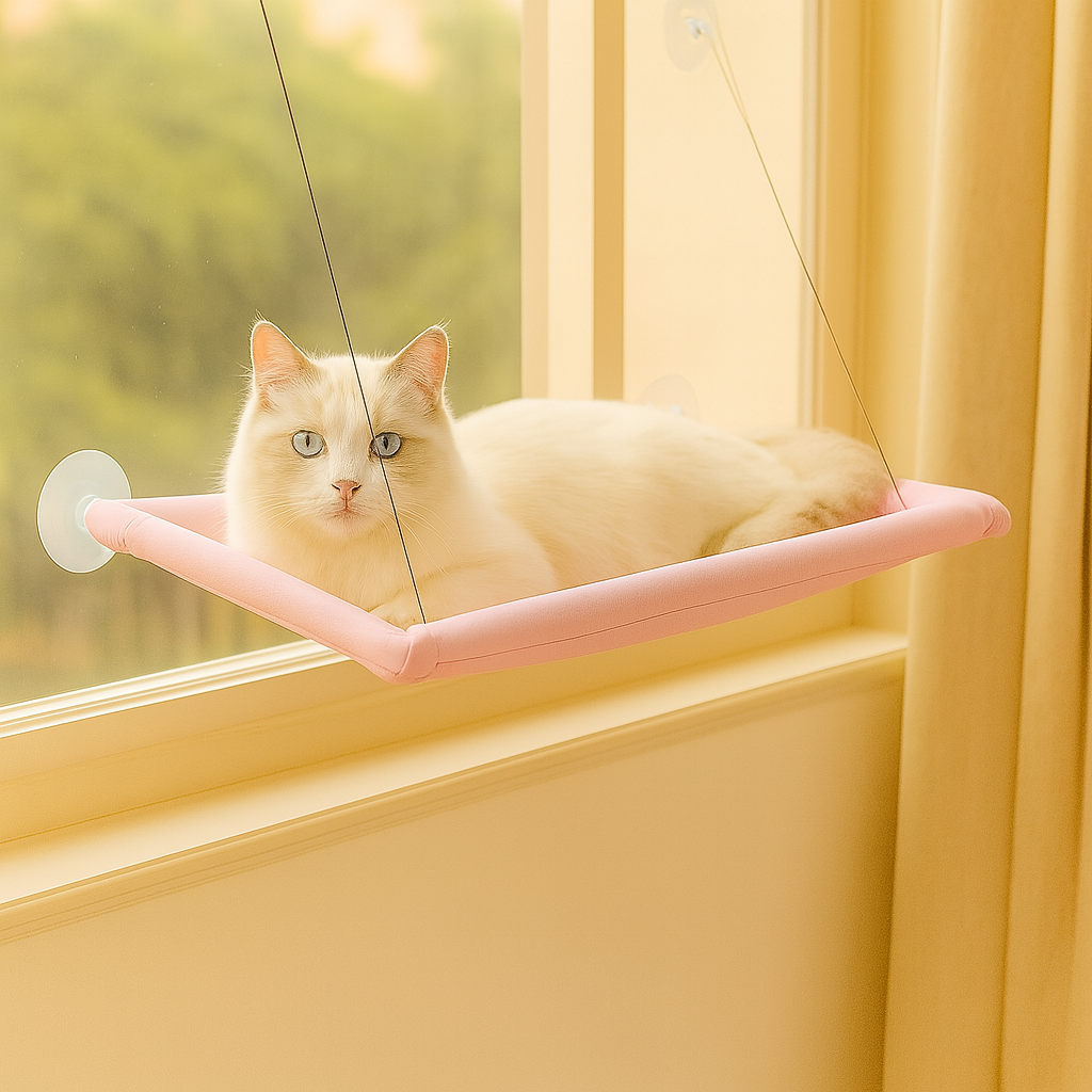 窓に取り付けられた居心地の良い猫用ハンモック