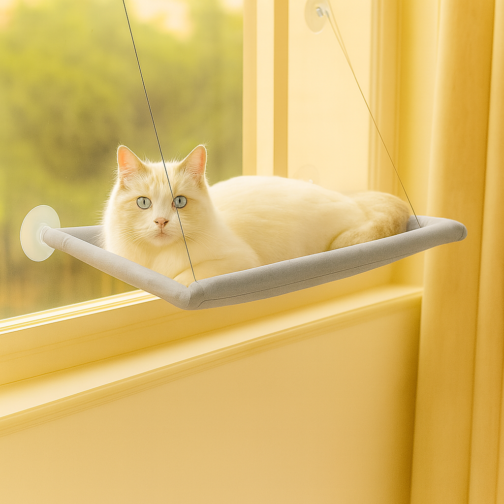 窓に取り付けられた居心地の良い猫用ハンモック