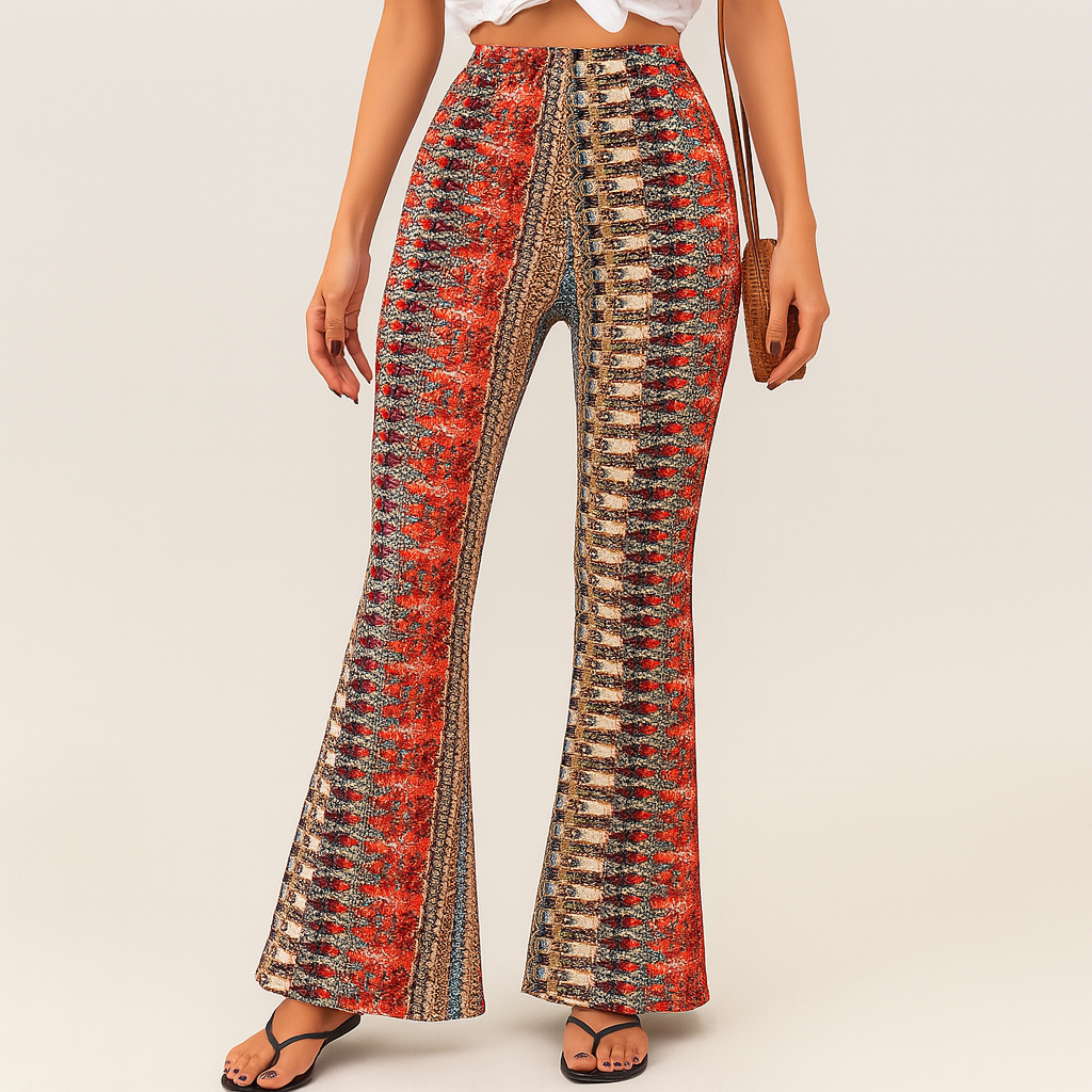 チェルシー – レディース ボヘミアン フレア パンツ – オールオーバープリント、スリムフィット
