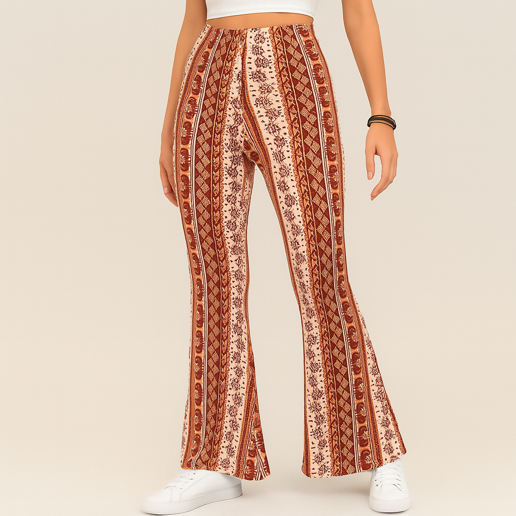 チェルシー – レディース ボヘミアン フレア パンツ – オールオーバープリント、スリムフィット