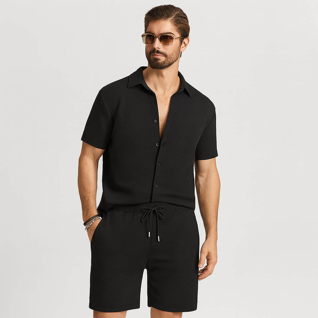 Men's 2-Piece Jacquard Knit Set - Short Sleeve Shirt and Solid Shorts, Premium Casual