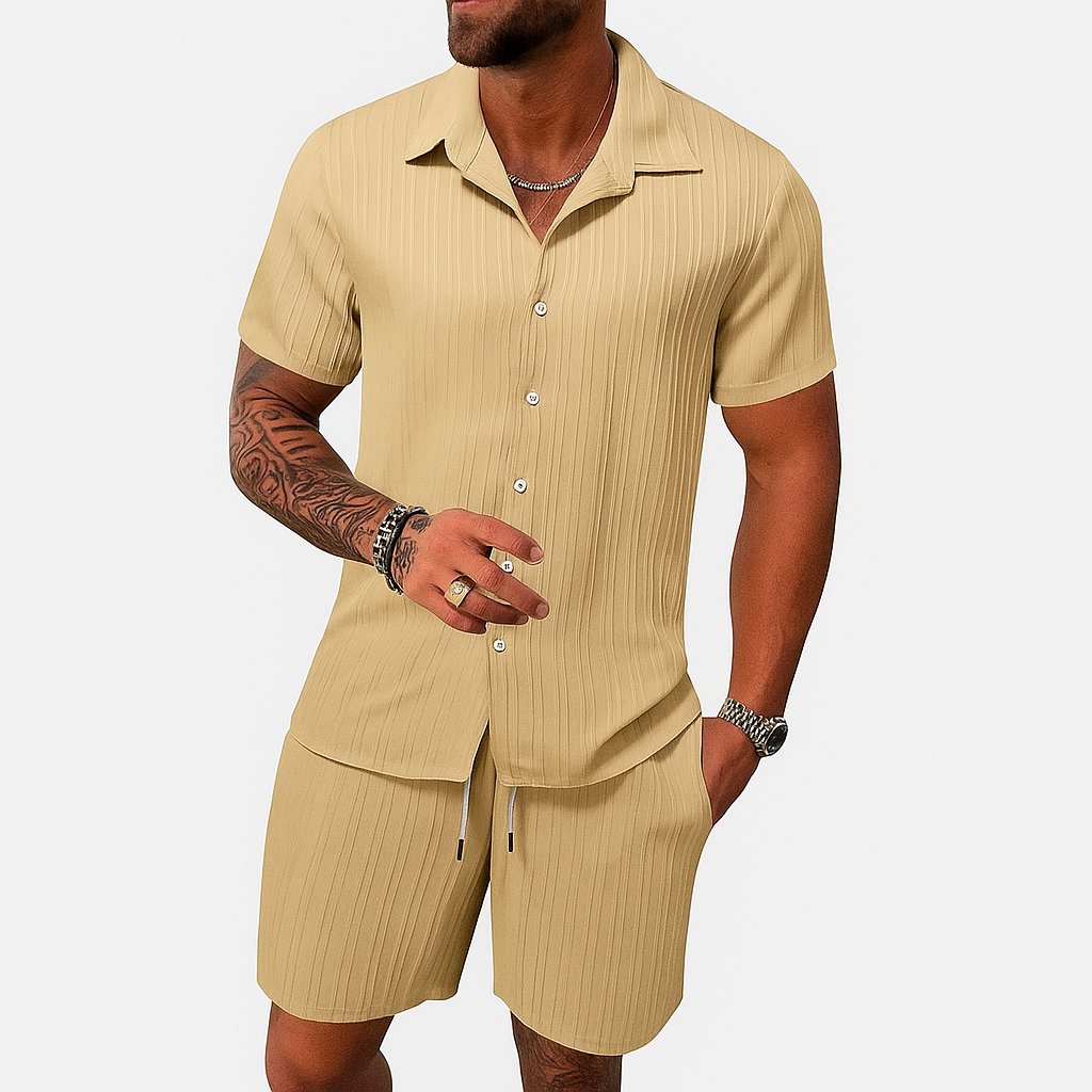 Men's Casual Set - Short Sleeve Collared Shirt and Textured Check Shorts