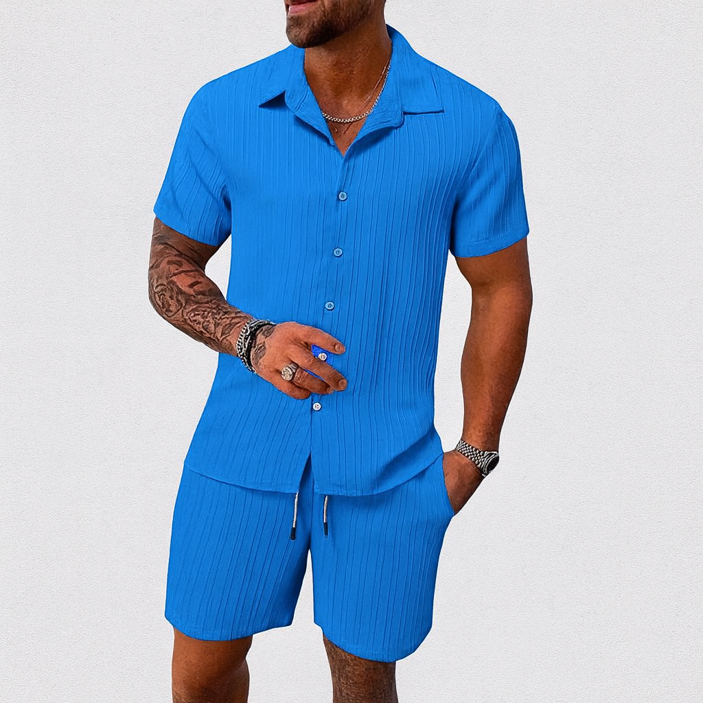 メンズカジュアルセット - 半袖の襟付きシャツとテクスチャードチェックのショートパンツ