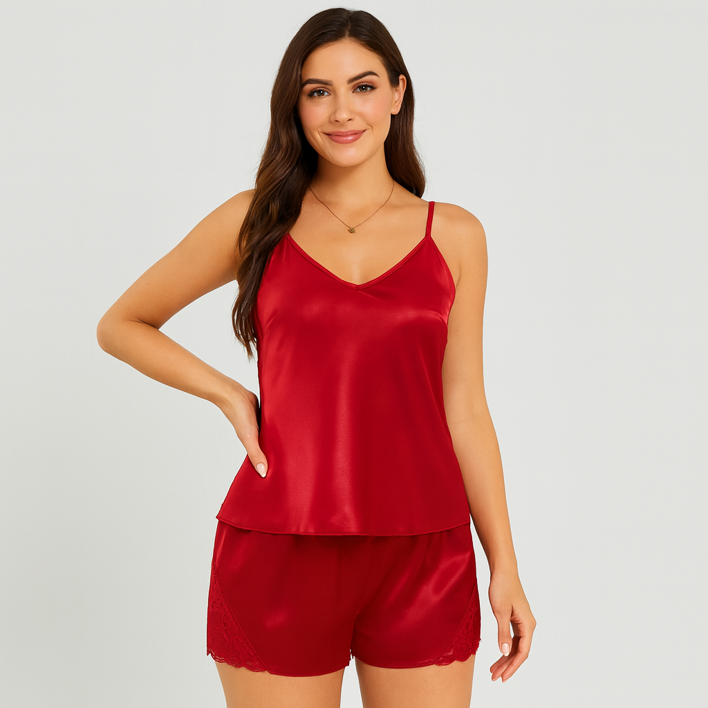 スタイリッシュなサテン素材のレディースパジャマセット。コントラストカラーのエレガントなレーストリム付き。