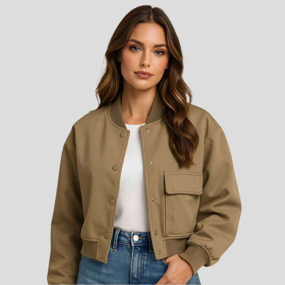 Women's cropped bomber jacket with flap pockets and snap closure