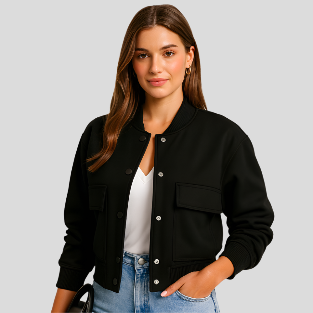 レディース クロップド ボンバージャケット - フラップポケット&スナップ留め