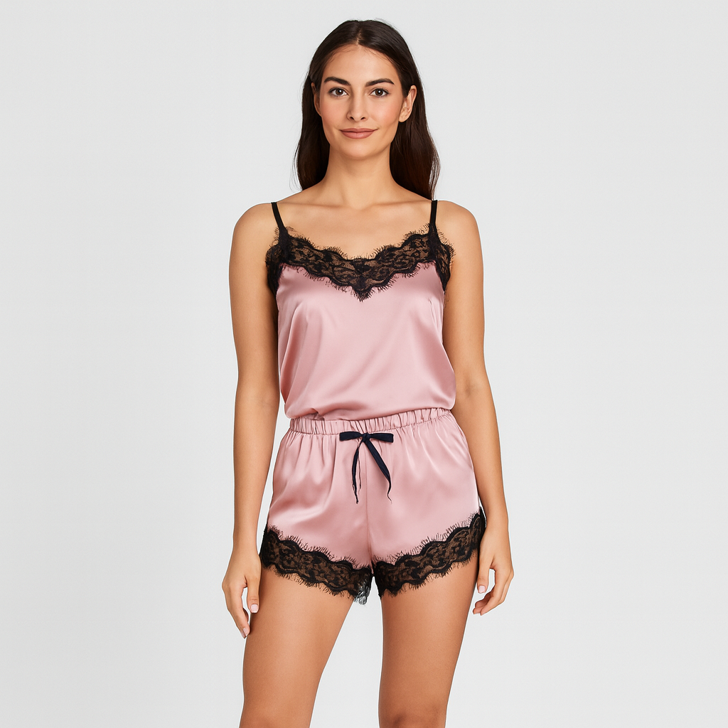 Women's Striped Pajama Set - V-neck Top and Satin Shorts