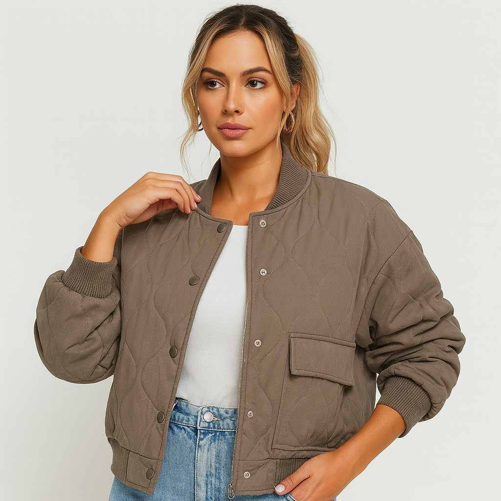 Karina Cropped Bomber Jacket - Women's with Ribbed Hem and Side Pockets