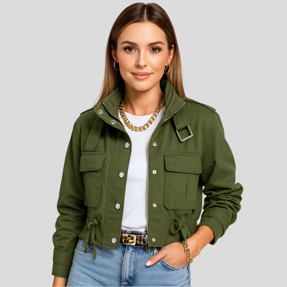 Women's Cropped Bomber Jacket - Stylish zip-up with ribbed hem