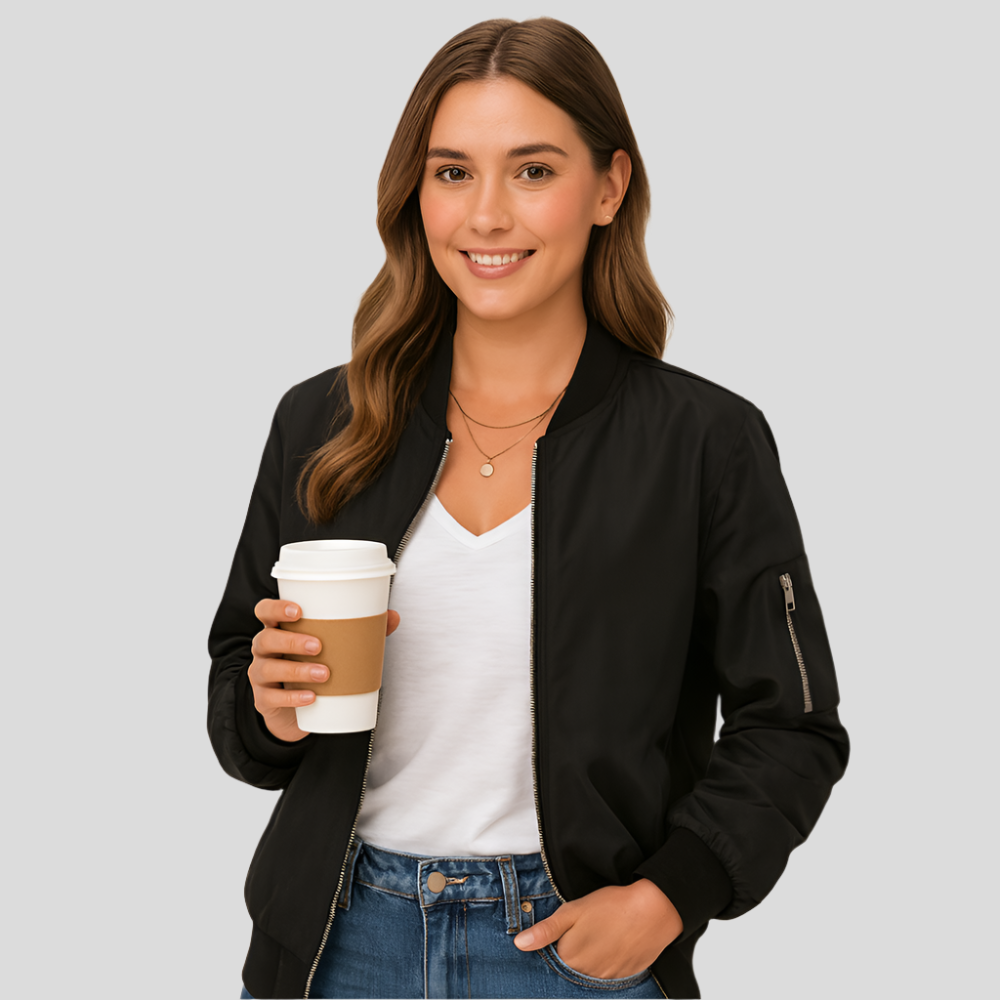 Lightweight Zip-Up Bomber Jacket - Women's Casual Pilot Style