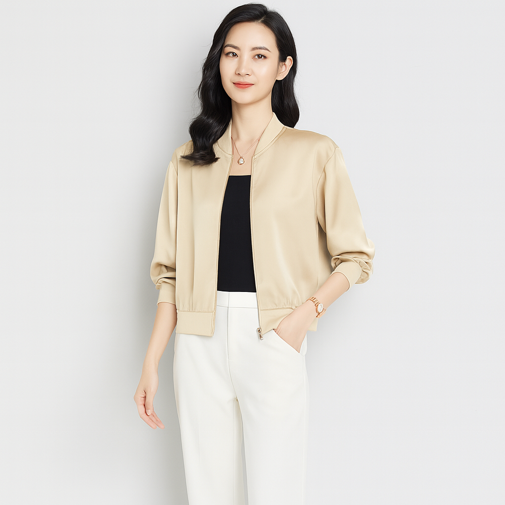 レディース サテン ボンバージャケット - ルーズフィット、ジップアップ、オールシーズンスタイル