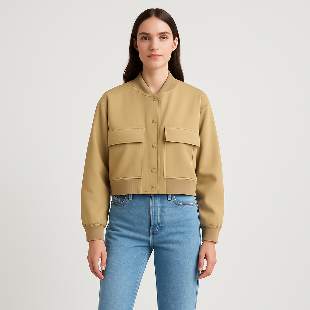 Women's Soft Beige Bomber Jacket - Casual and Comfortable Look