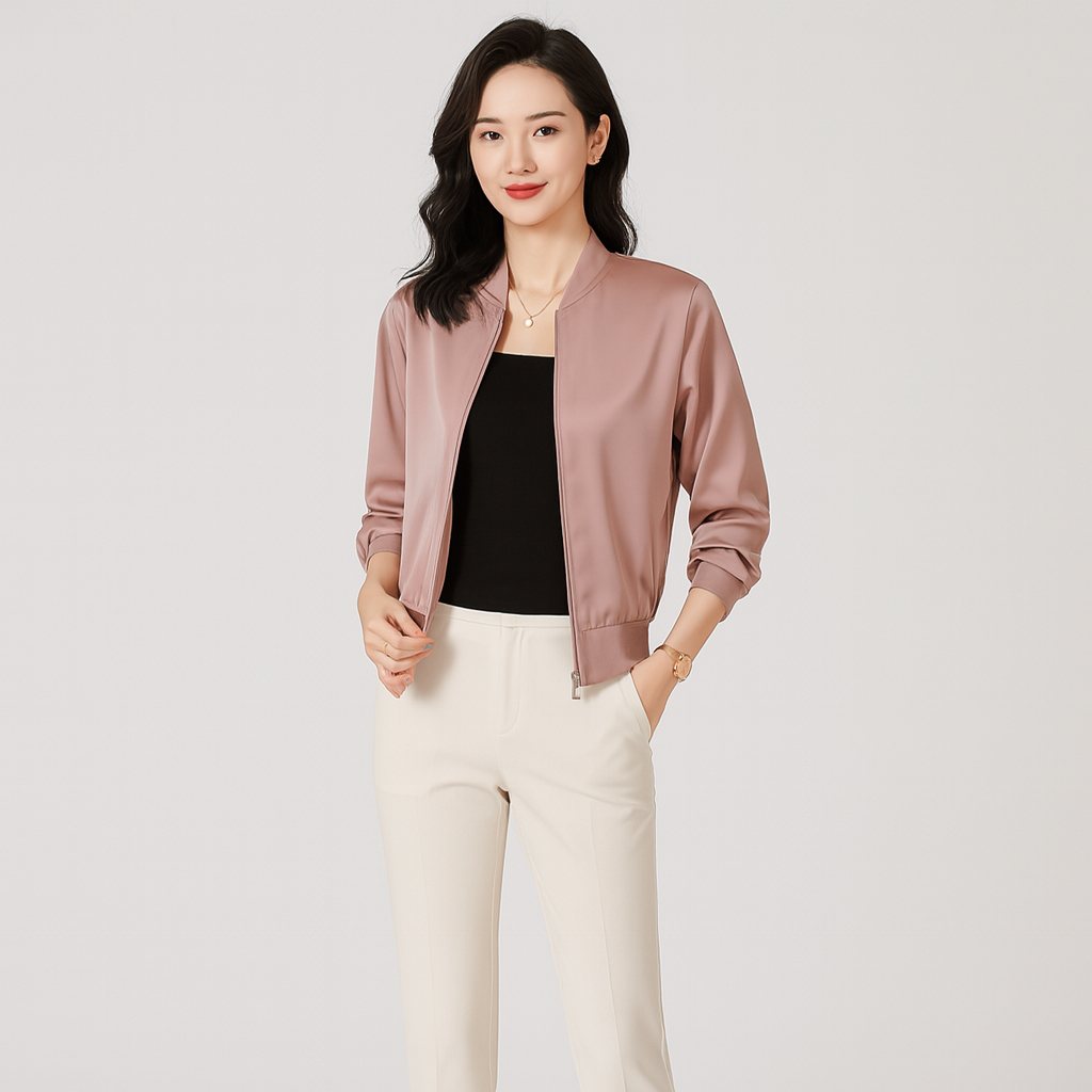 Women's Satin Bomber Jacket - Loose Fit, Zip-Up, All-Season Style