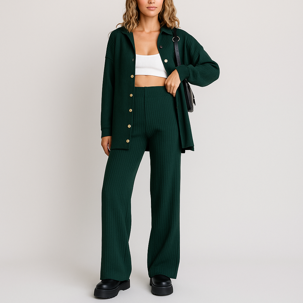 Ribbed knit two-piece set - button-down shirt jacket and wide-leg pants
