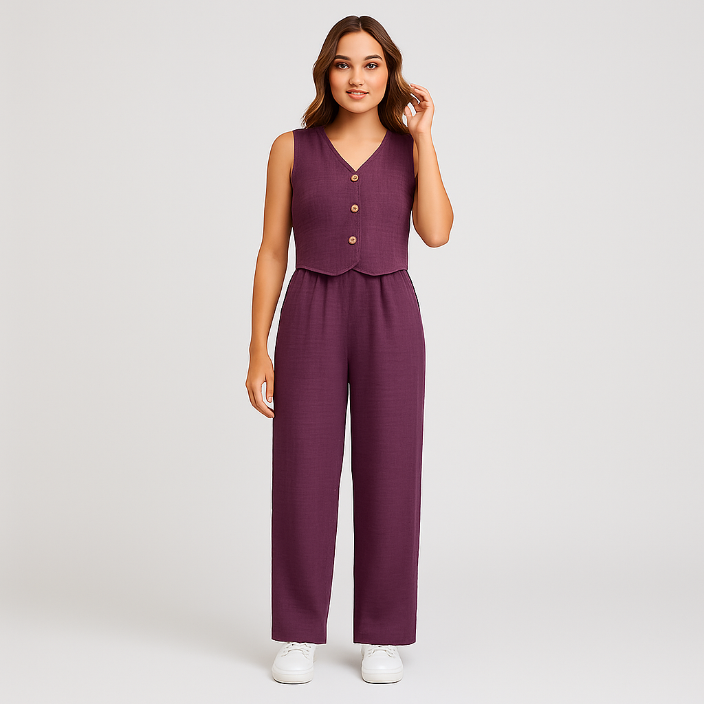 Elegant two-piece set for women - sleeveless V-neck top and matching plain pants