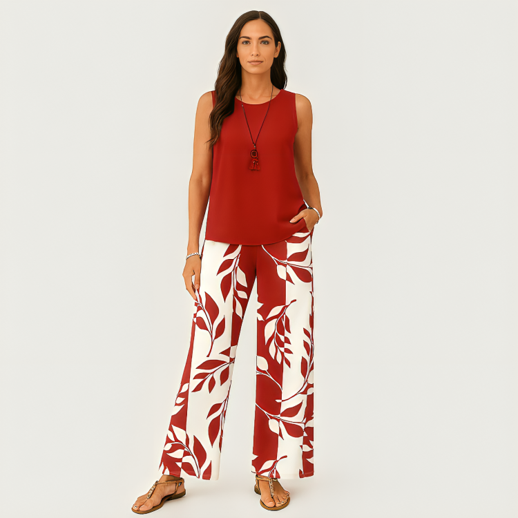 Women's Casual 2-Piece Set - Solid Sleeveless Top and Floral Wide Leg Pants