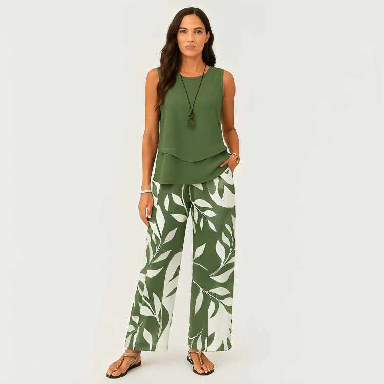 Women's Casual 2-Piece Set - Solid Sleeveless Top and Floral Wide Leg Pants