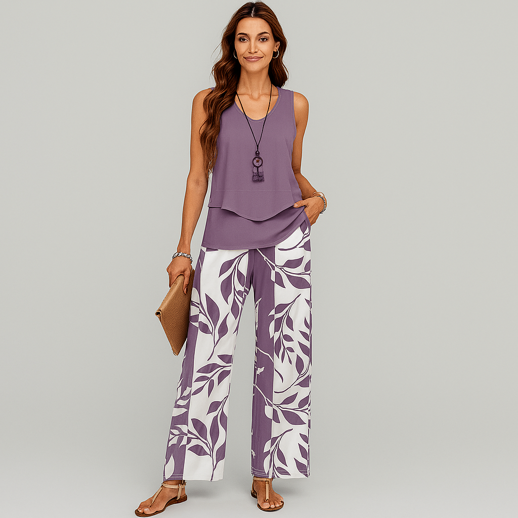 Women's Casual 2-Piece Set - Solid Sleeveless Top and Floral Wide Leg Pants