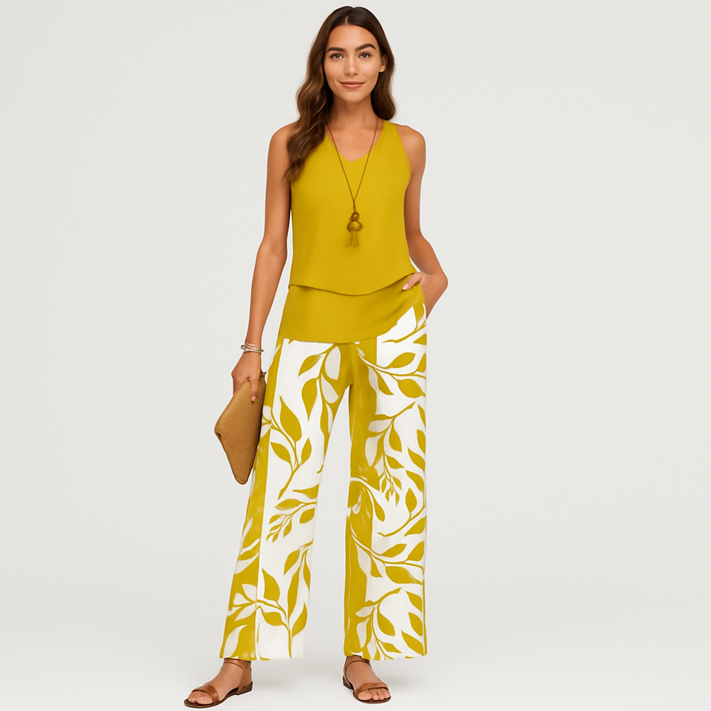 Women's Casual 2-Piece Set - Solid Sleeveless Top and Floral Wide Leg Pants