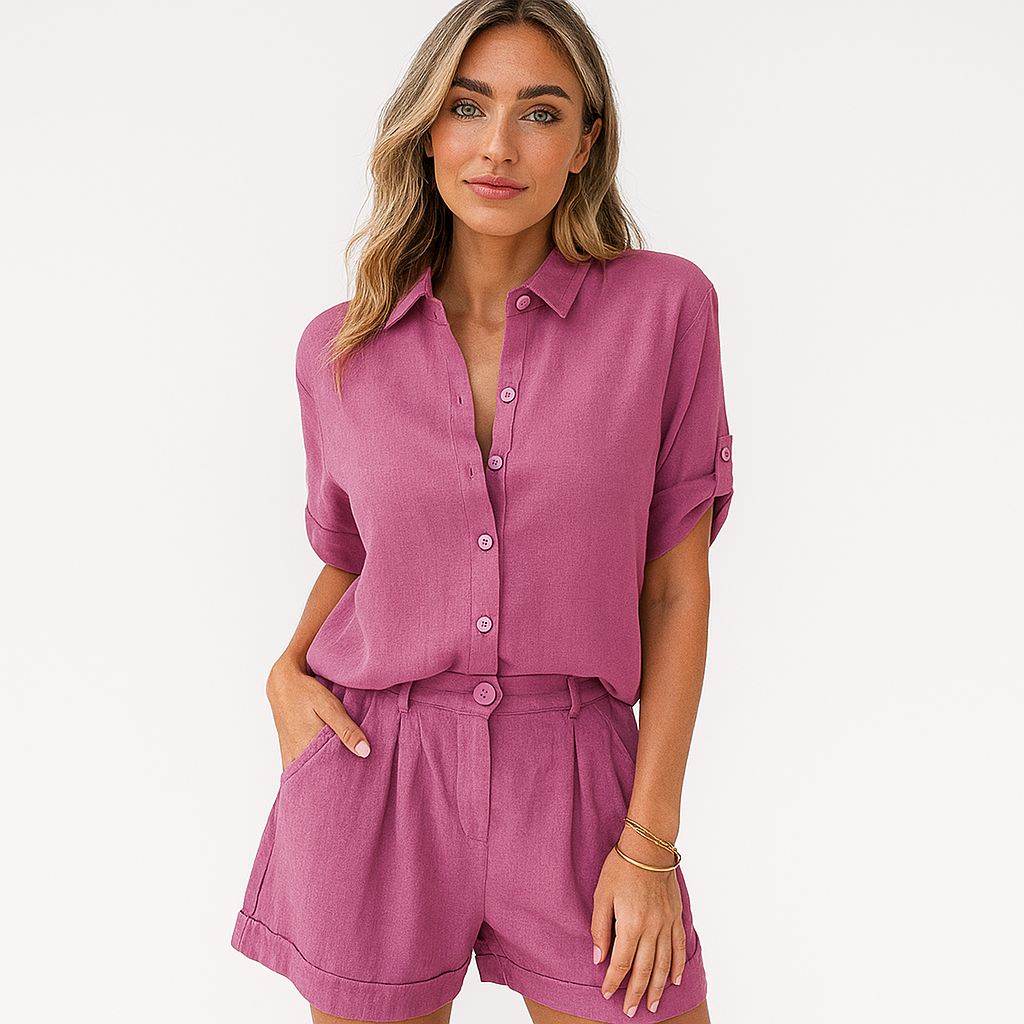 Chic linen two-piece set - oversized shirt and high-waisted shorts (women's)